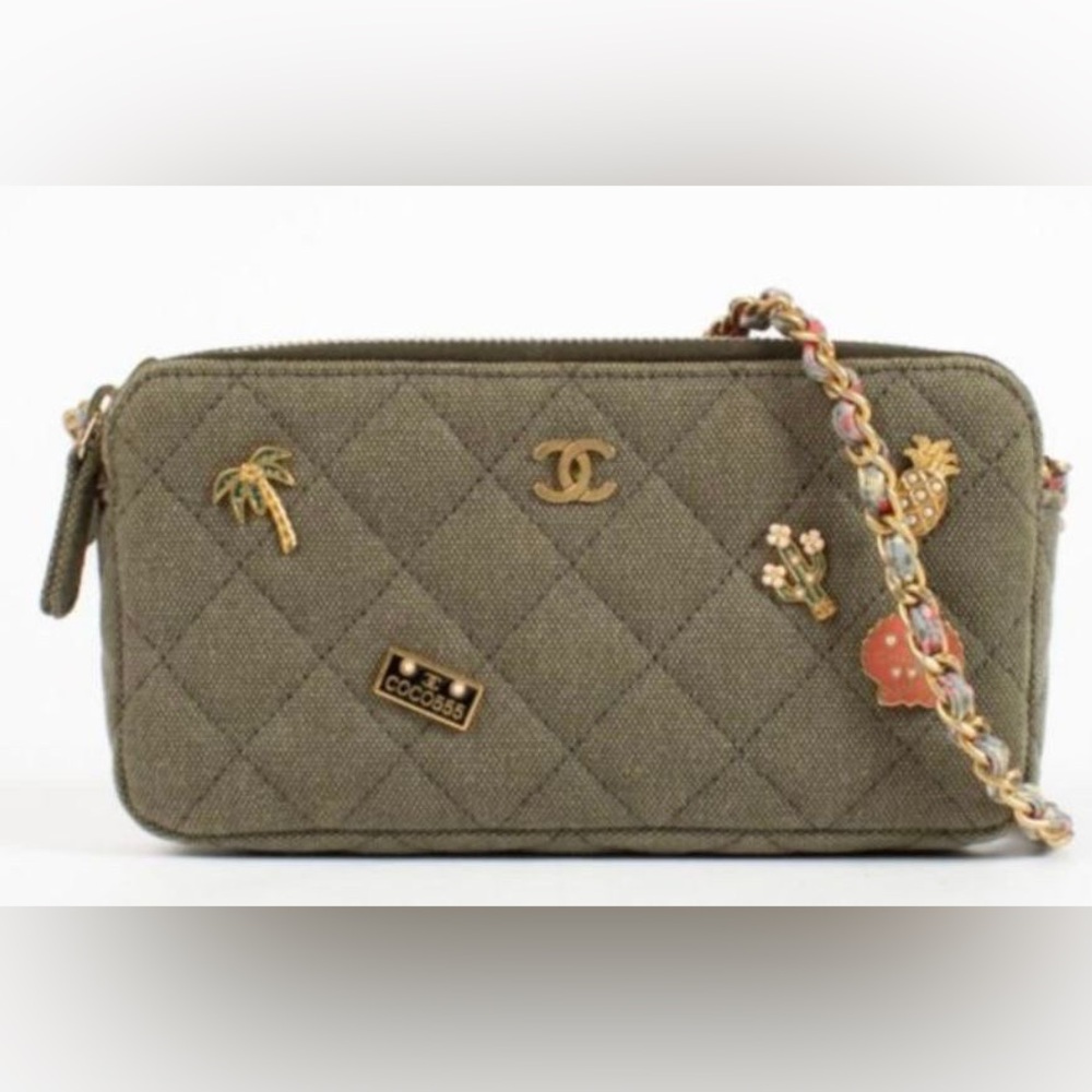 Chanel 17C Green Canvas Coco Cuba Double Zip Classic Clutch With Chain